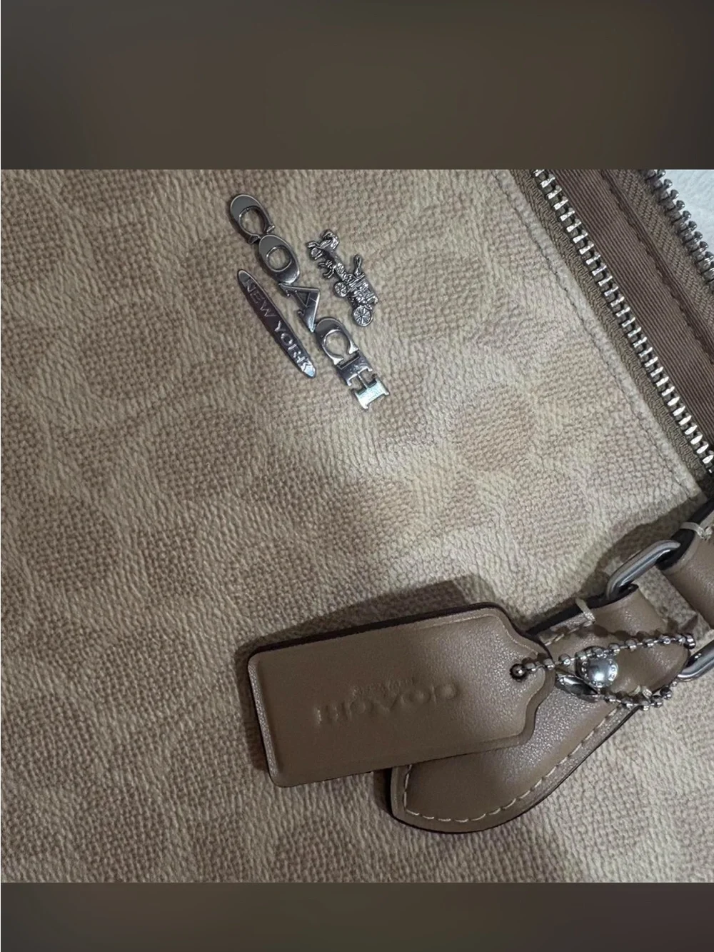 Coach Beige Signature Canvas Tote with Tan Leather Trim